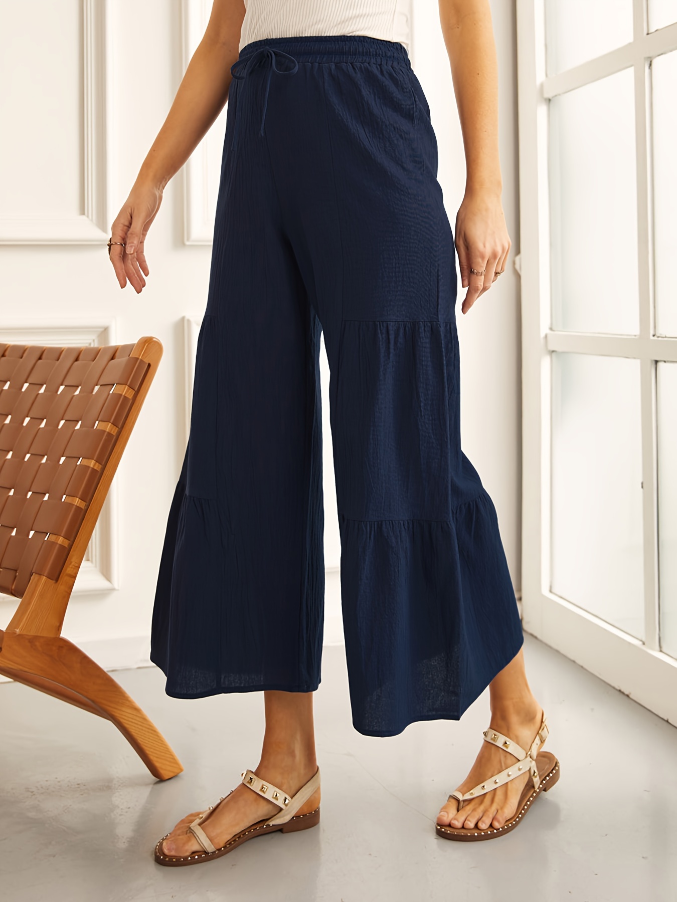 Pantalones Anchos Texturizados Sólidos, Elegantes Pantalones Con Cintura  Fruncida Y Bolsillos Para Primavera Y Otoño, Ropa De Mujer