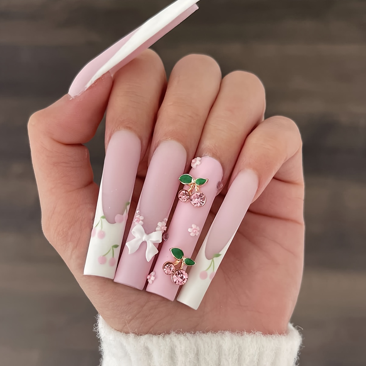 French Tip Press on Nails | Coquette nails with bows pearls and heart charms