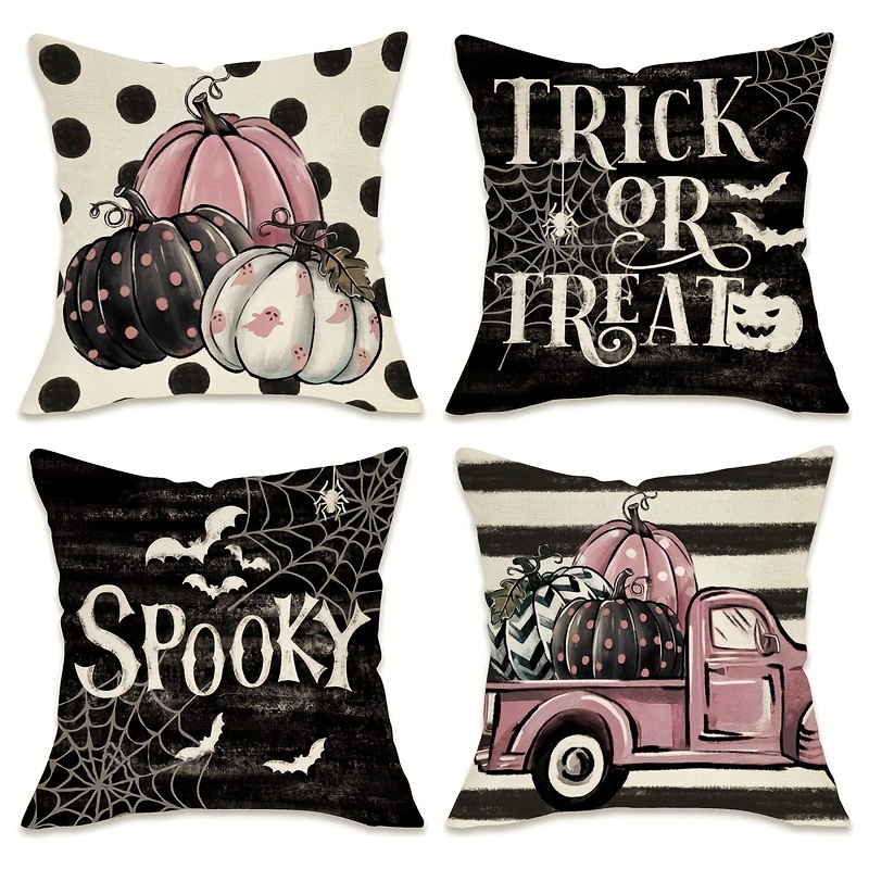  Fukeen Happy Halloween Pillow Covers 18x18 Inch Set of 4 Trick  or Treat Spooky Boo Ghost Horror Pumpkin Cat Bat Skull Fall Farmhouse Decor  Throw Pillow Cases Black and White Halloween