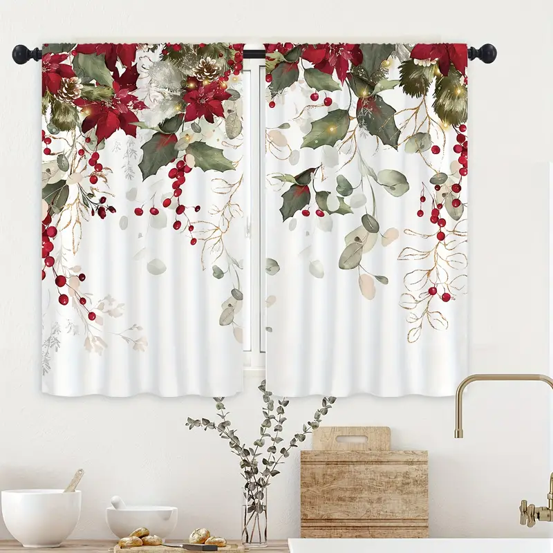 Christmas Xmas Kitchen Curtains Red Flower Leaves Winter Temu Canada
