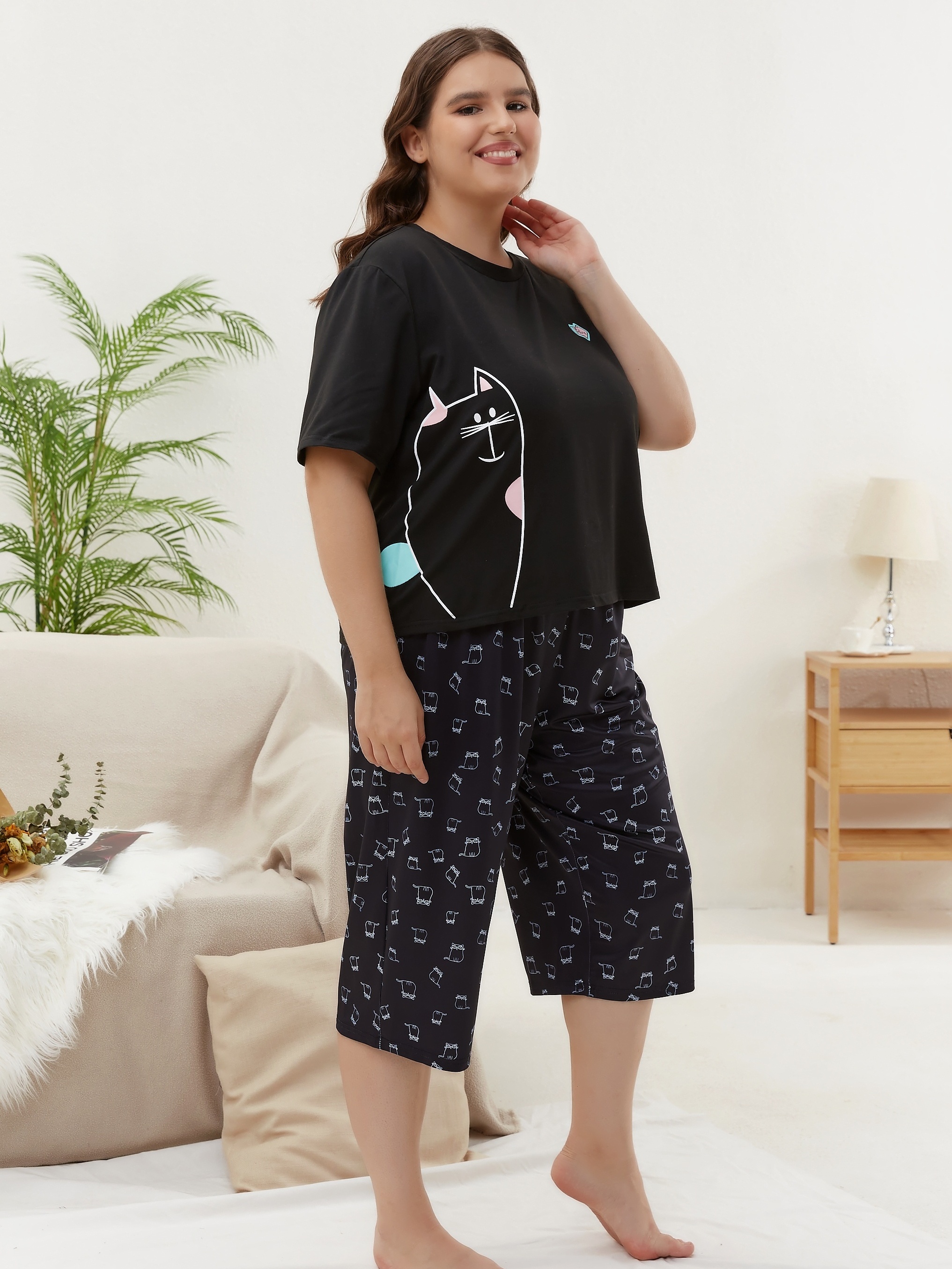 Plus Size Cute Pajama Set, Women's Plus Cat Print Short Sleeve Top & Pants  Slight Stretch Pajama 2pcs Set