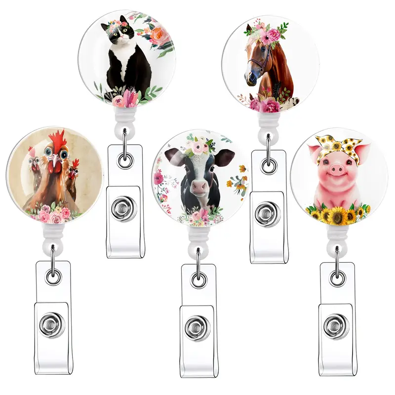 5 Nurse Badge Reel, Retractable Badge Holder, Cute Animal Badge Reel,  Retractable Clip ID Badge Holder Nurse Accessories, Cow Horse Pig Pattern