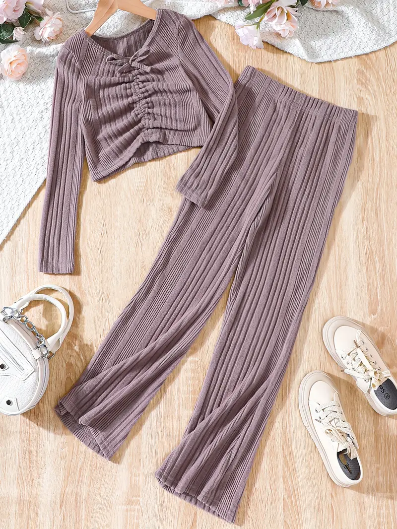 Girl's Causal Ribbed Outfit Long Sleeve Top Flare Pants Set - Temu Canada