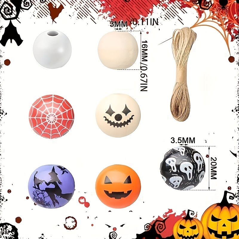 100pcs Halloween Wooden Beads Scary Face Skull Spider Ghost Beads