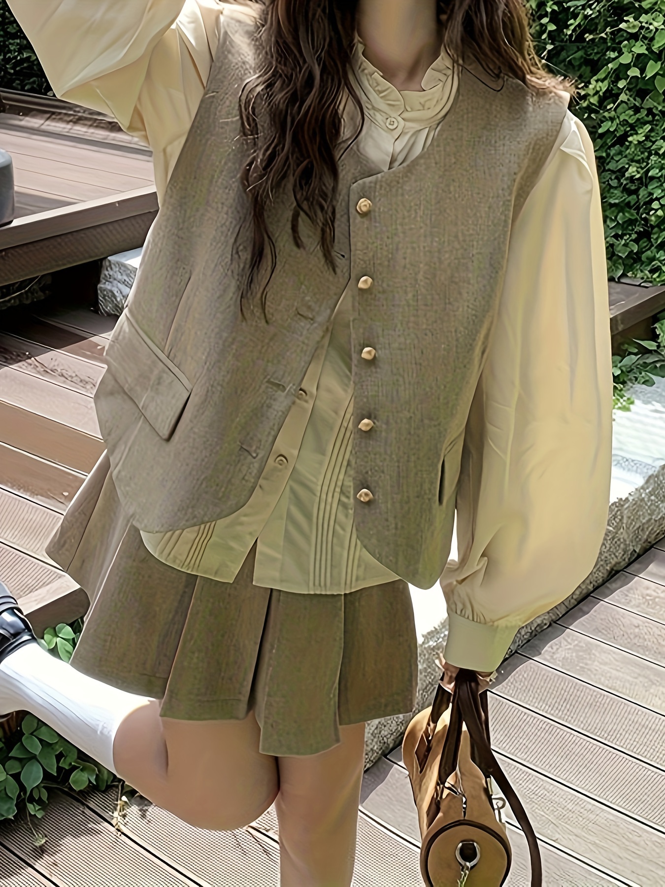 Green button outlet up skirt outfit