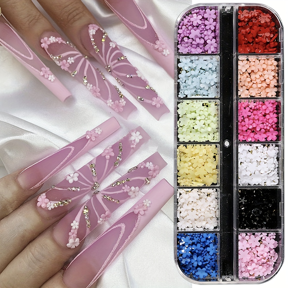 White Floral Nail Art Decorations, Five Petals Flowers Nail Glitter  Sequins, Flower Pearl Beads Resin Nail Rhinestone Design for Women Girls  Manicure