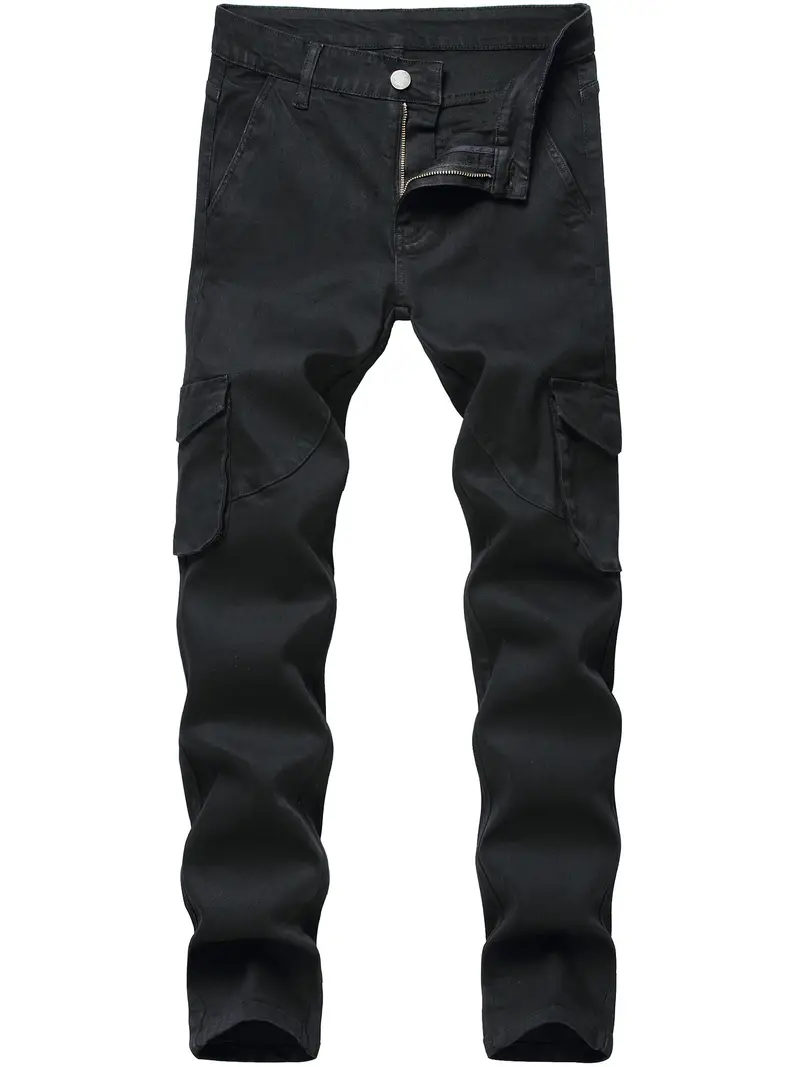 Men's Black Slim Fit Cargo Denim Jeans Two Pockets - Temu