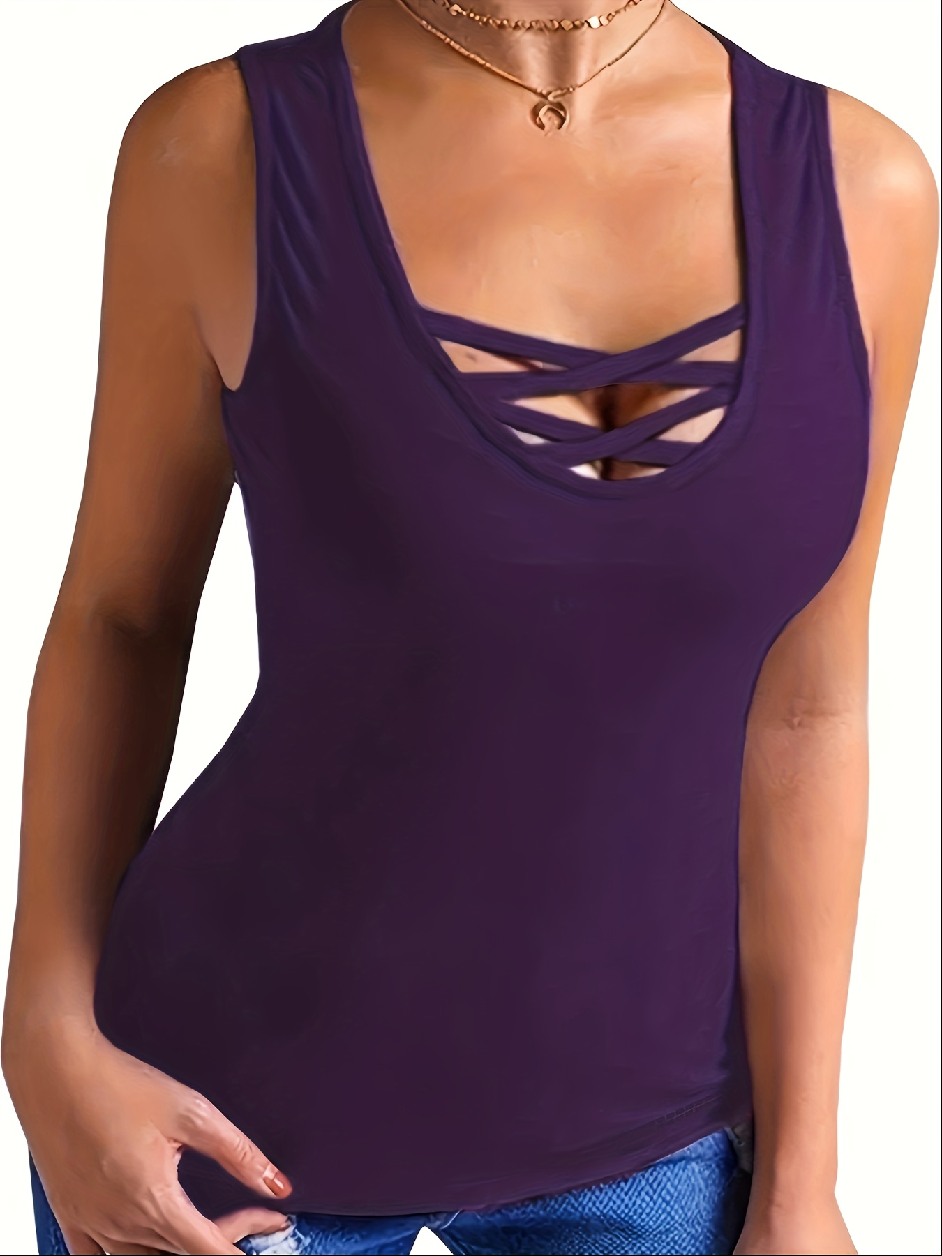 Solid Criss Cross Tank Top, Casual Summer Versatile Sleeveless Top, Women's Clothing