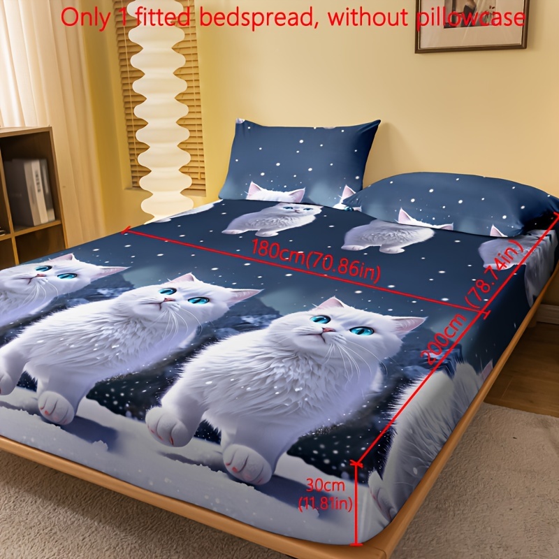 1pc Of Printed Brushed Fitted Sheet, Bedroom Bedspread With White Cat Print, Bedding