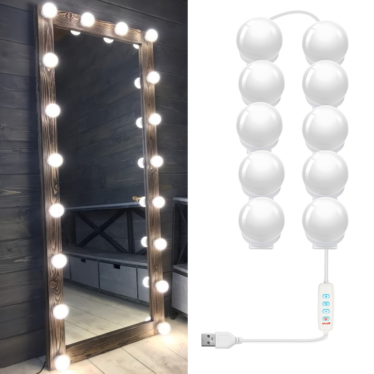 Consciot Luces LED de tocador para espejo, luces de tocador estilo  Hollywood con 10 bombillas regulables, color y brillo ajustables, cable  USB, luces