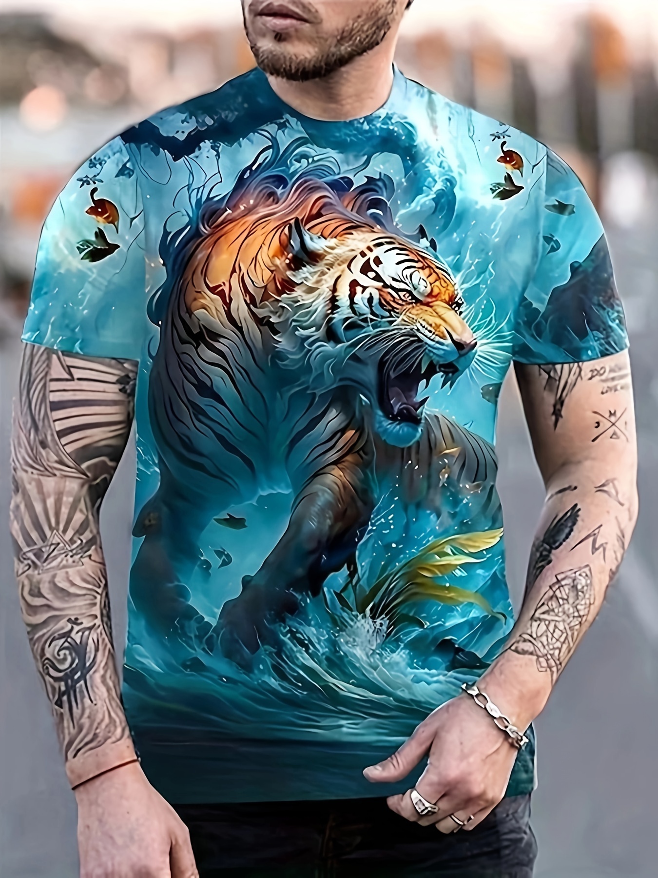 Tiger Under Water 3D Graphic Print Men's Novelty Short Sleeve Crew Neck  T-shirt, Summer Outdoor