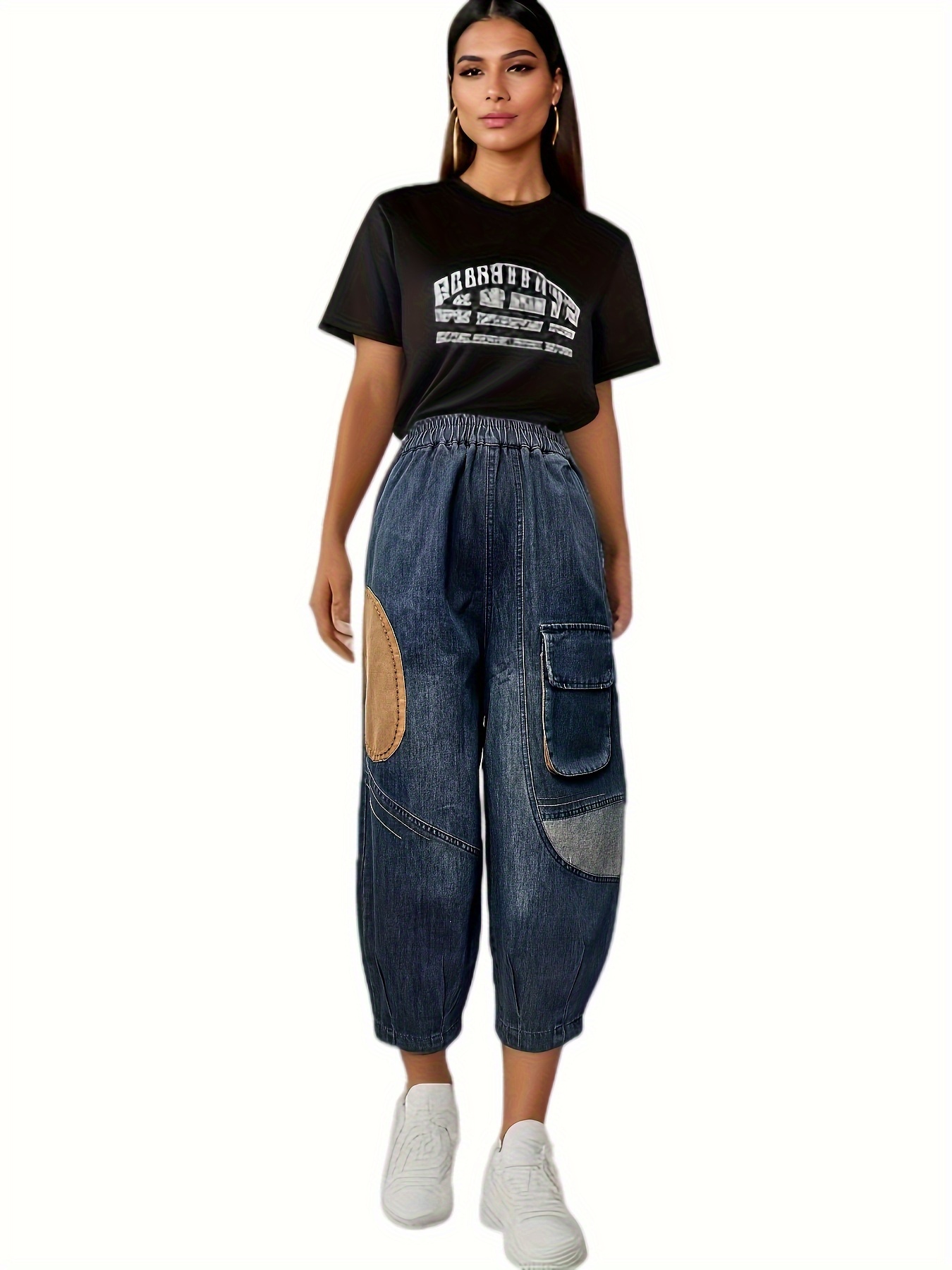 Color Block Rolled Hem * Harem Jeans, Side Flap Pocket Elastic Waist Loose  Denim Pants, Women's Denim Jeans & Clothing