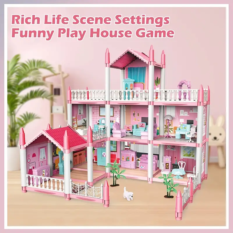 Maison de poupée pour enfants 3 étages 9 pièces rose jeux de - Temu France