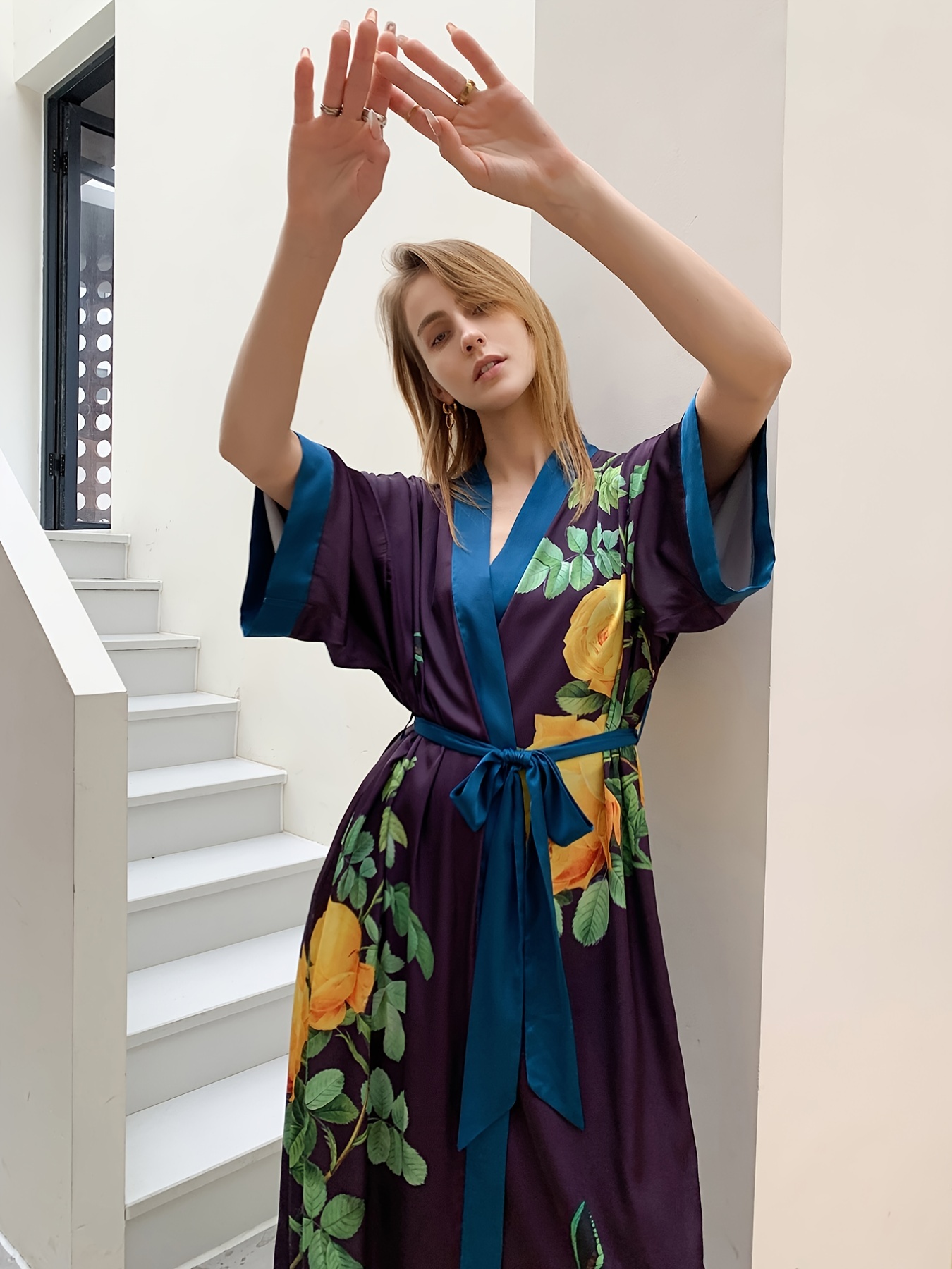 Elegant Floral Print House Robe Wide Sleeve Lounge Robe - Temu