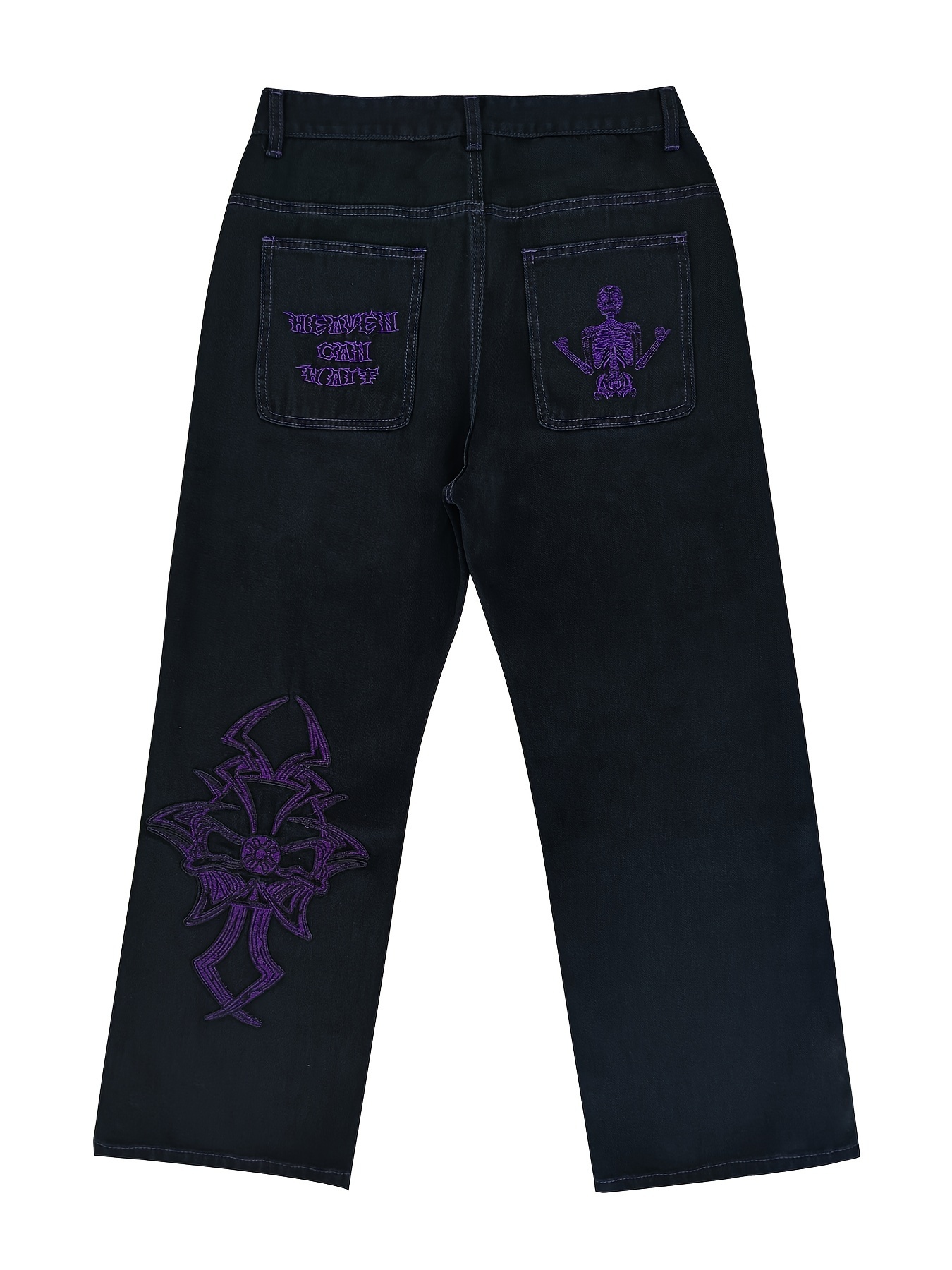 men's y2k skeleton embroidered denim jeans black casual - Temu