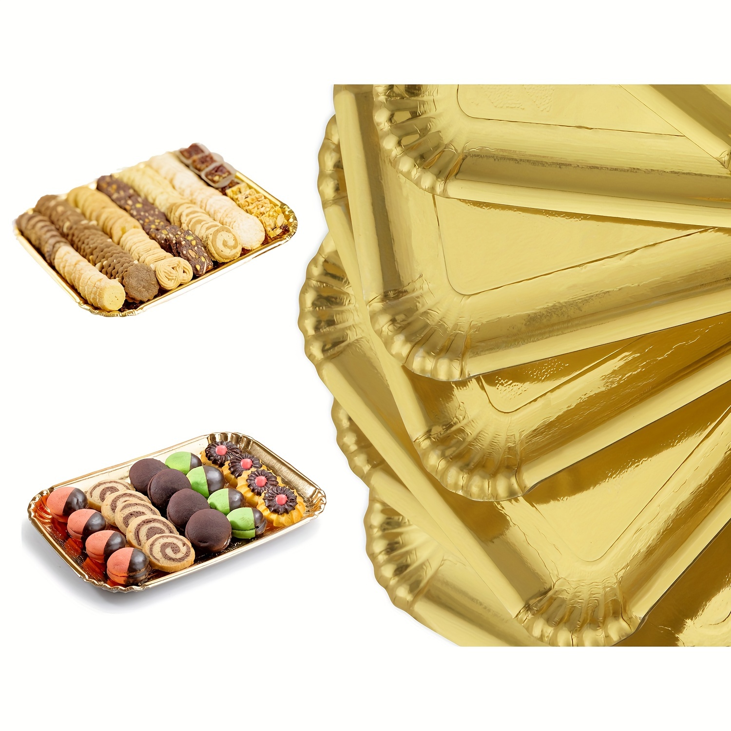Paquete de 12 bandejas doradas para mesa de postre, bandeja de galletas,  bandejas doradas para tartas, bandejas para galletas, bandejas desechables