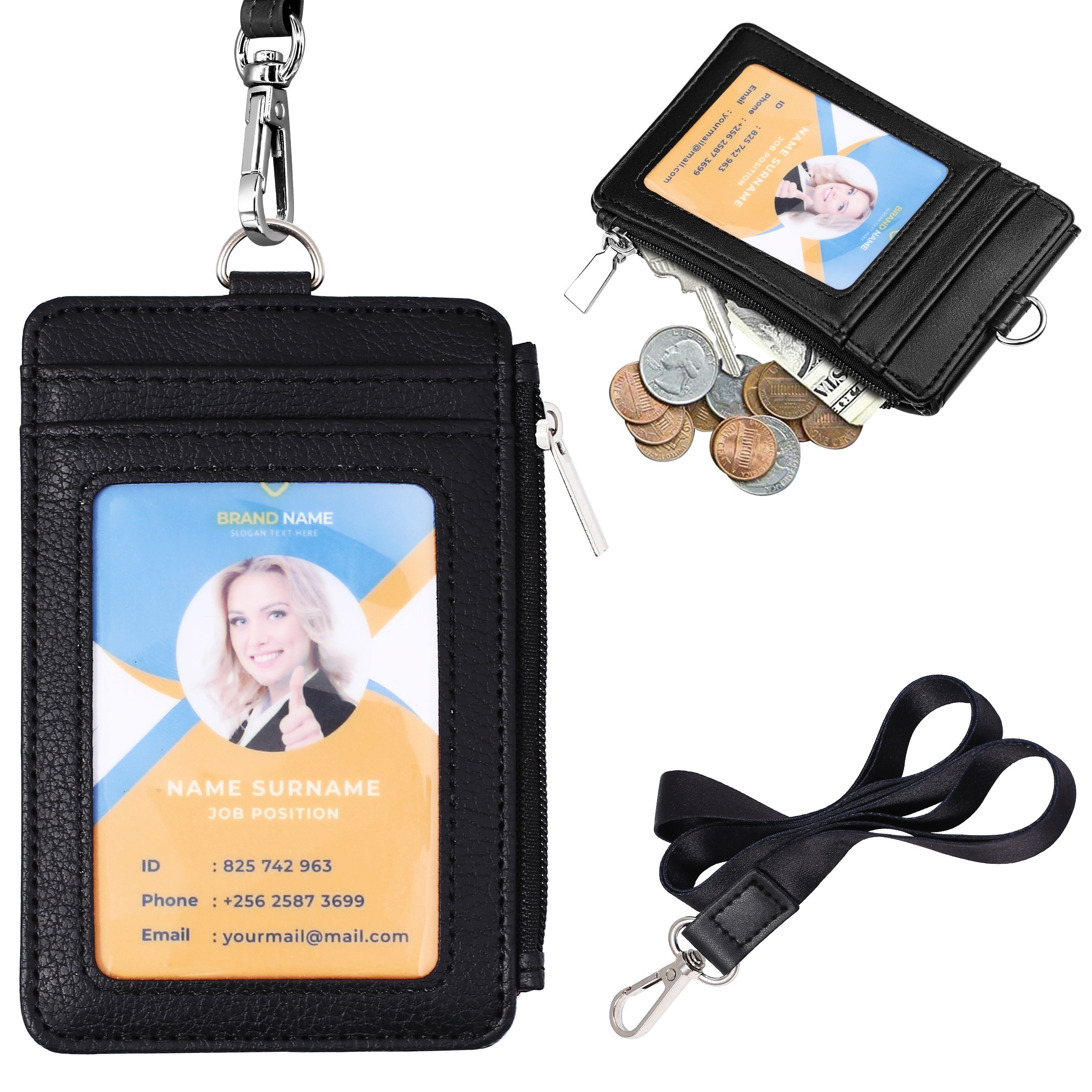Leather ID Badge Card Holder Wallet with 5 Card Slots, Zipper and