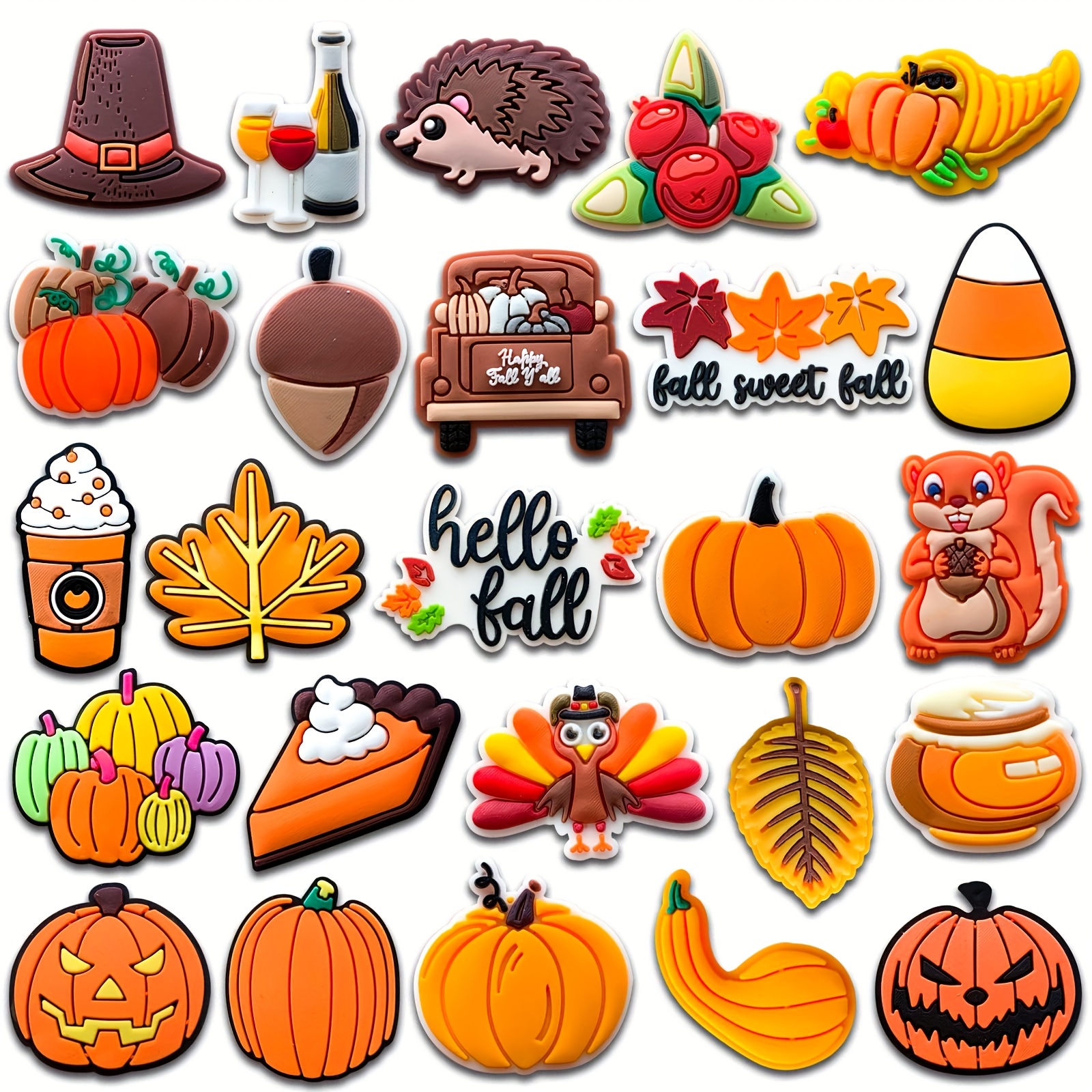 Image of 25pcs Autumn Shoe Decoration Charms For Clog Sandals, Fall Pumpkin Turkey Shoe Accessories Charms For Adult Party Gifts