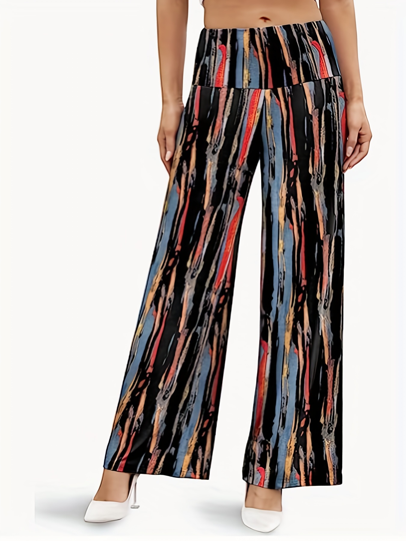 Allover Print Wide Leg Pants Calças De Cintura Alta - Temu Portugal