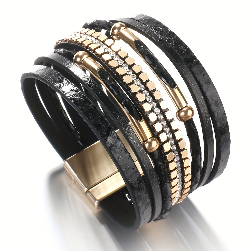 Snakeskin Pattern Leather Bracelet Multilayer Wrap Magnetic Clasp