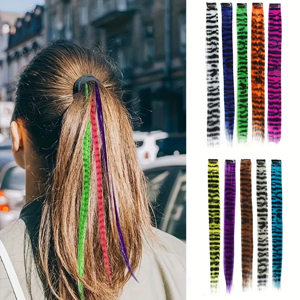 18 inch Colored Feather Print Clip on in Hair Extensions, Human Hair Extensions Synthetic Straight Hair Extensions for Halloween Cosplay Party,Temu