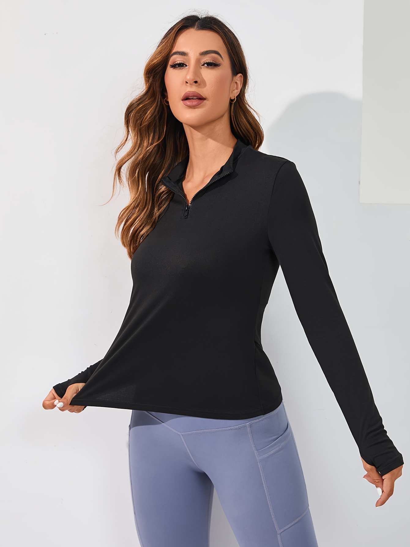Women's Solid Color Long Sleeve Athletic Top Thumb Hole Full - Temu