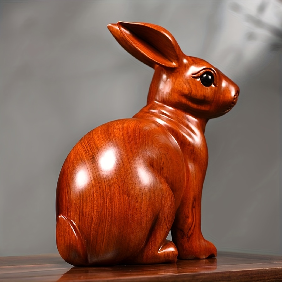 Fair Trade Hand Carved Wooden Rabbit Statuette - Cute Ginger Rabbit