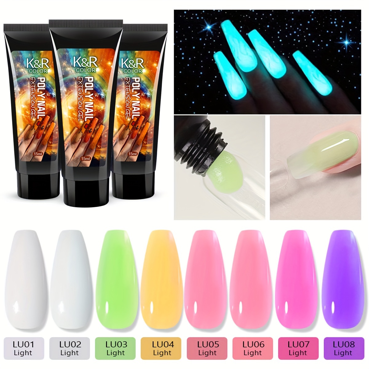 

Luminous Nail Extension Gel, For Nail Art, Glow In Dark, Multi-color For Music Festival