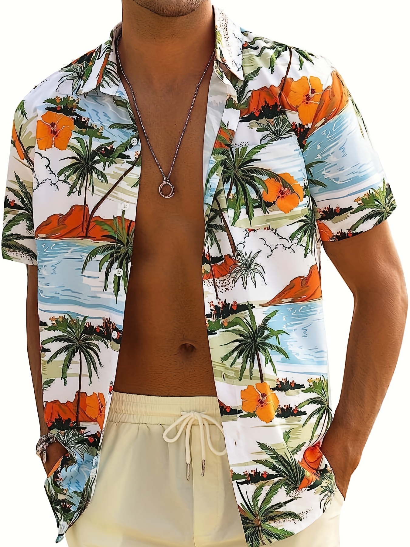 Men's Hawaiian Shirt Palm Tree Beach Print Button Short - Temu Canada