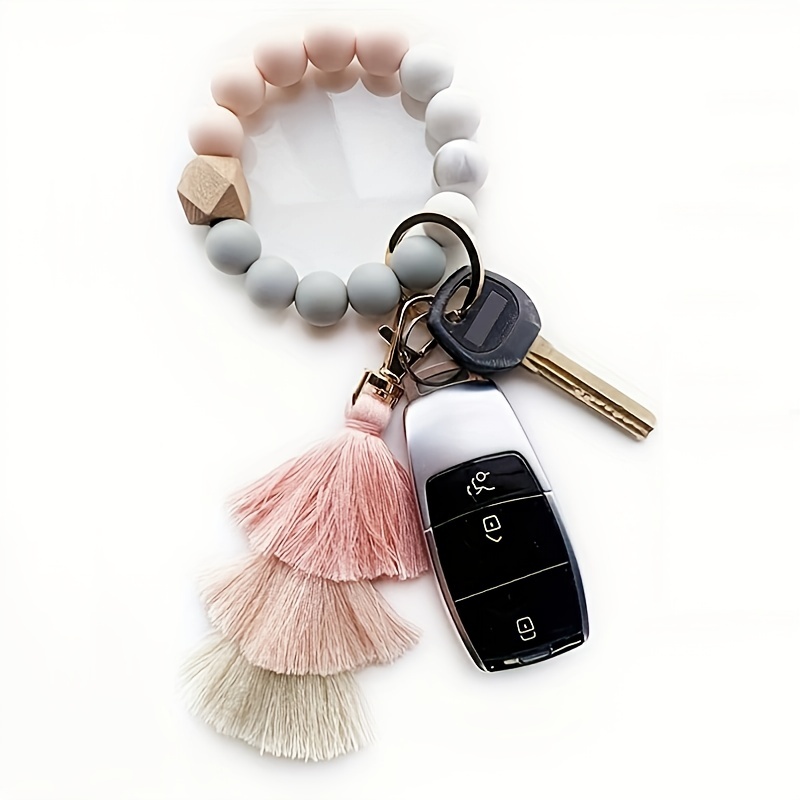 Keychain Wallet, Wristlet Car Keychain Bracelet Wallet, Women Cute Key Chain,  Silicone Bead keyring Bangle for Women, Leopard 