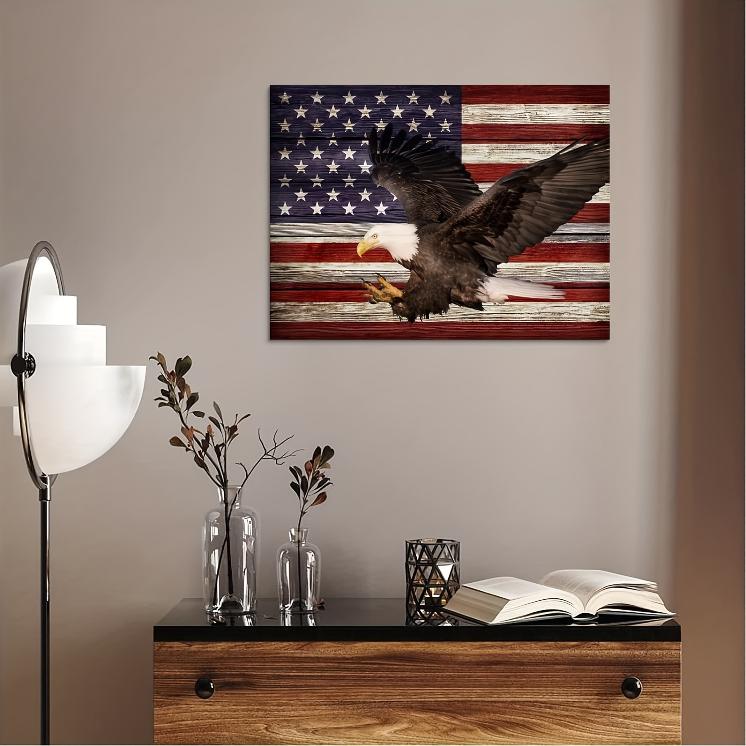 Rustic American Flag Canvas Art With Bald Eagle - Patriotic Red, White 