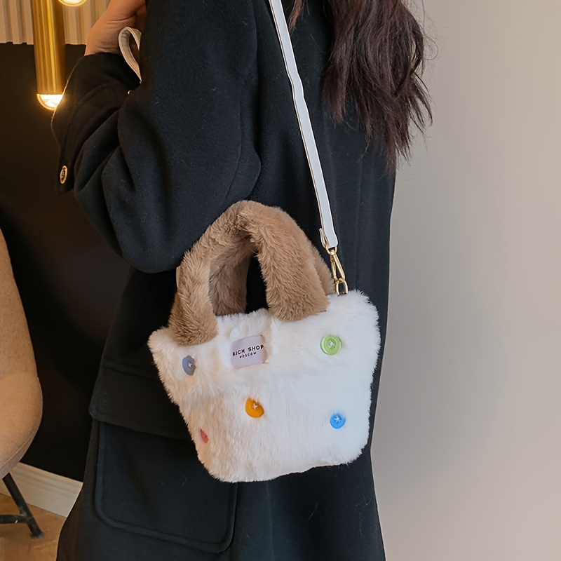 Colorful Button Decor Plush Handbag, Kawaii Faux Fur Crossbody Bag, Soft  Furry Bucket Bag For Women - Temu Austria