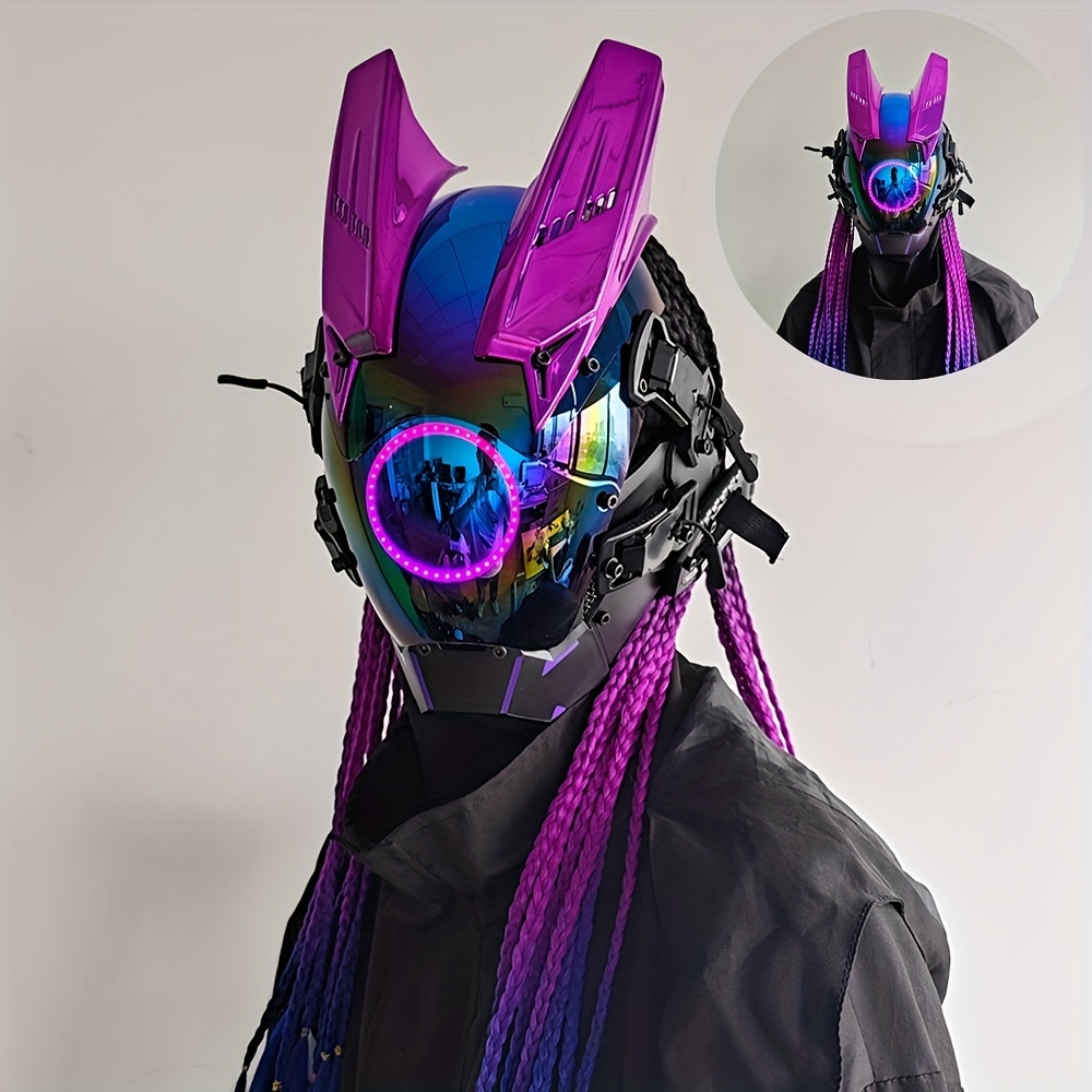 Maschera Cyberpunk Alla Moda Per Uomo, Maschera Cosplay Luminosa Alla Moda  Con Luce A LED Fredda Con Treccia, Maschera Meccanica Futuristica Di
