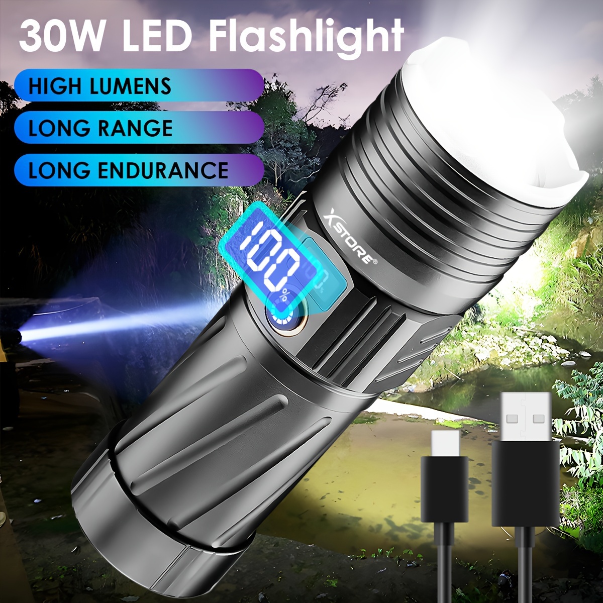 Lampe torche puissante 7 LED, finition caoutchouc