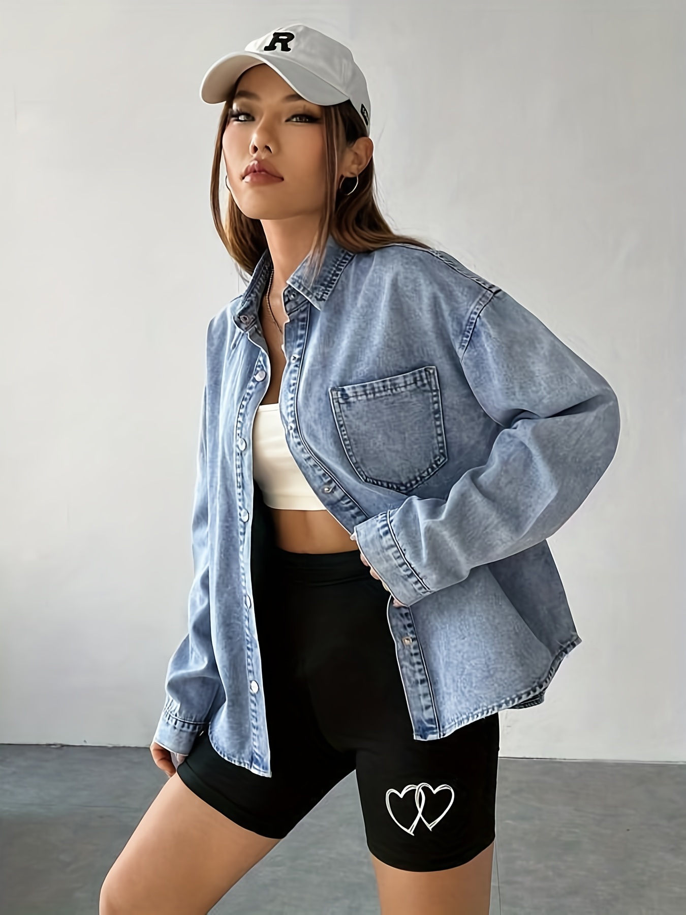 Lapel Neck Bottom Down Front Denim Jacket, Long Sleeve Loose Retro Denim  Shirt With Patched Pocket, Women's Denim Clothing