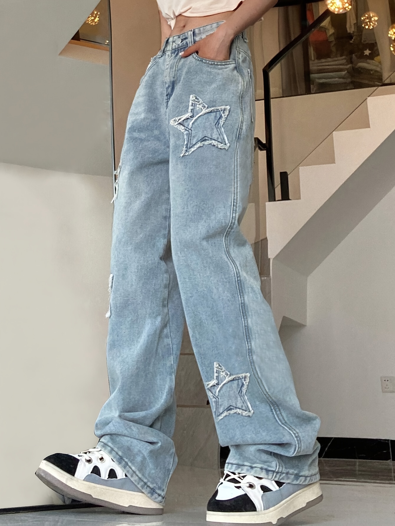 Pantalones Mezclilla Tiro Alto Estampado Estrellas Jeans - Temu