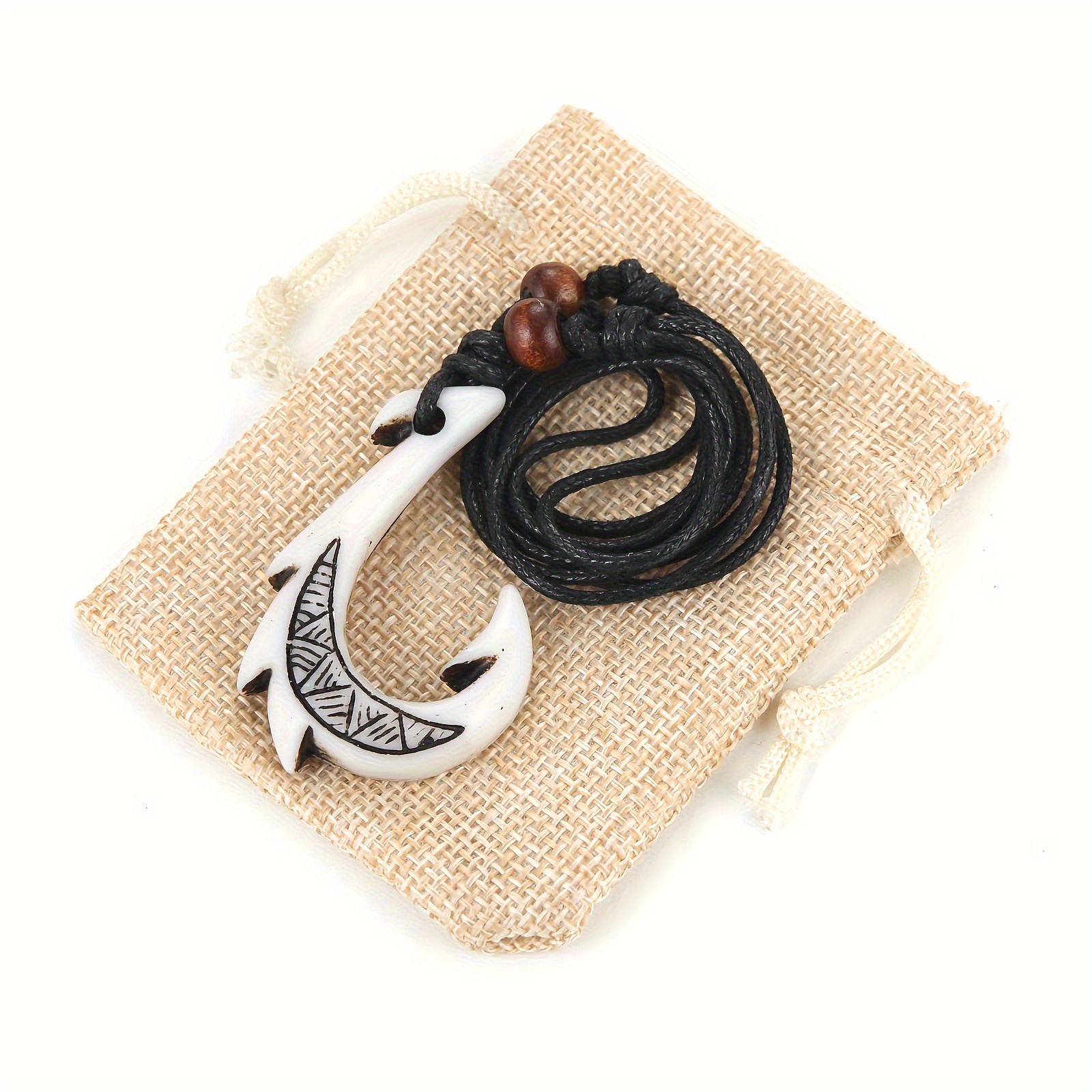 1pc Hawaiian Fish Hook Pendant, Black Hemp Cord Adjustable Chain,Temu