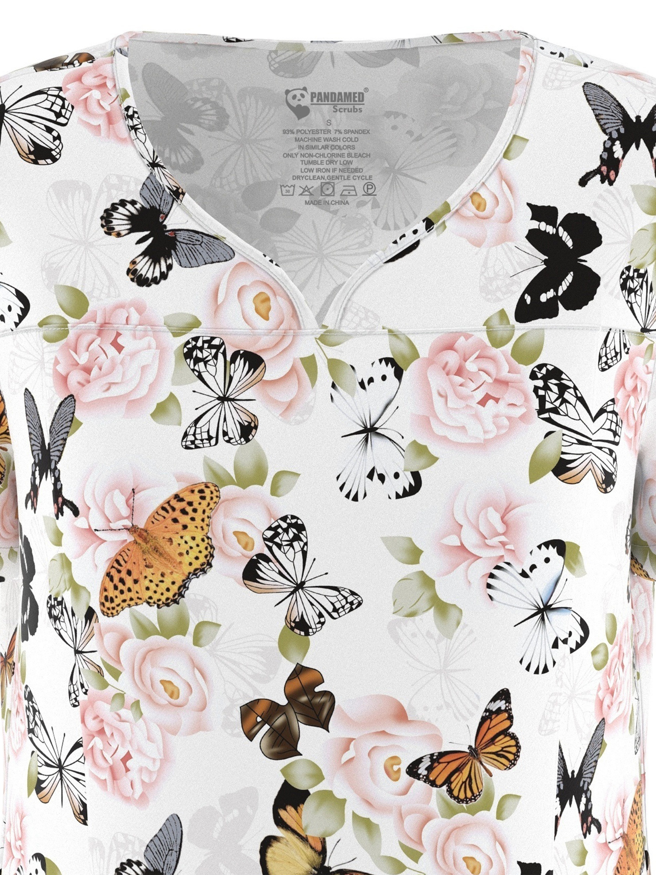 Butterfly Print Sweetheart Neck Scrubs Top, Functional Stretchy Patched  Pockets Health Care Uniform, Women's Clothing