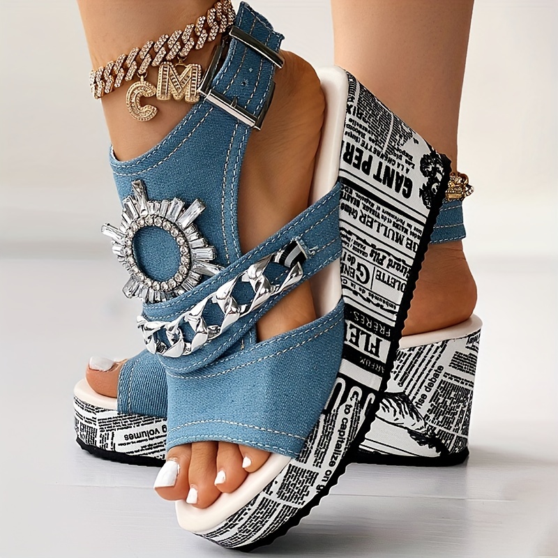 womens chain rhinestone decor sandals slingback peep toe ankle strap buckle wedge shoes summer platform sandals details 6