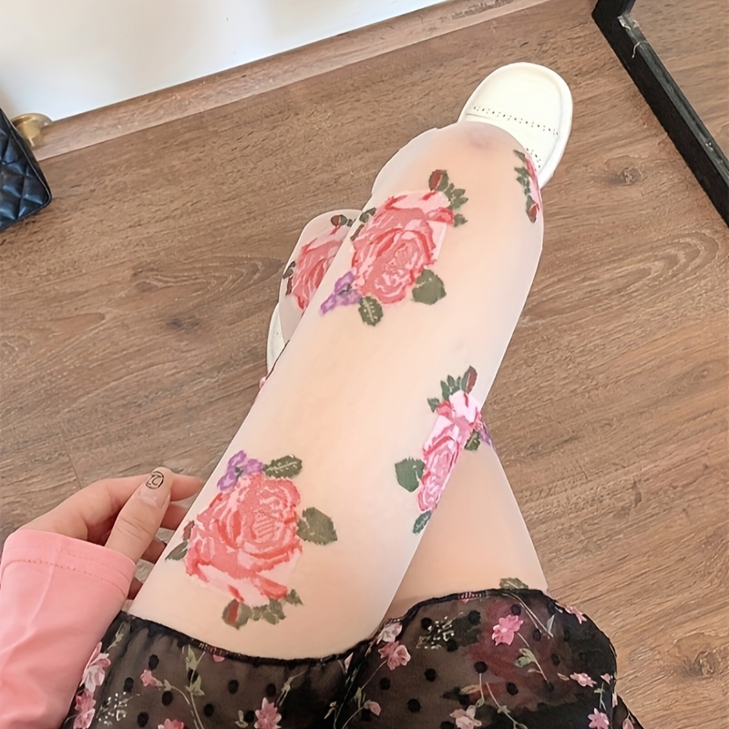 Rose Floral Print Skinny Leggings Casual Elastic Waist - Temu