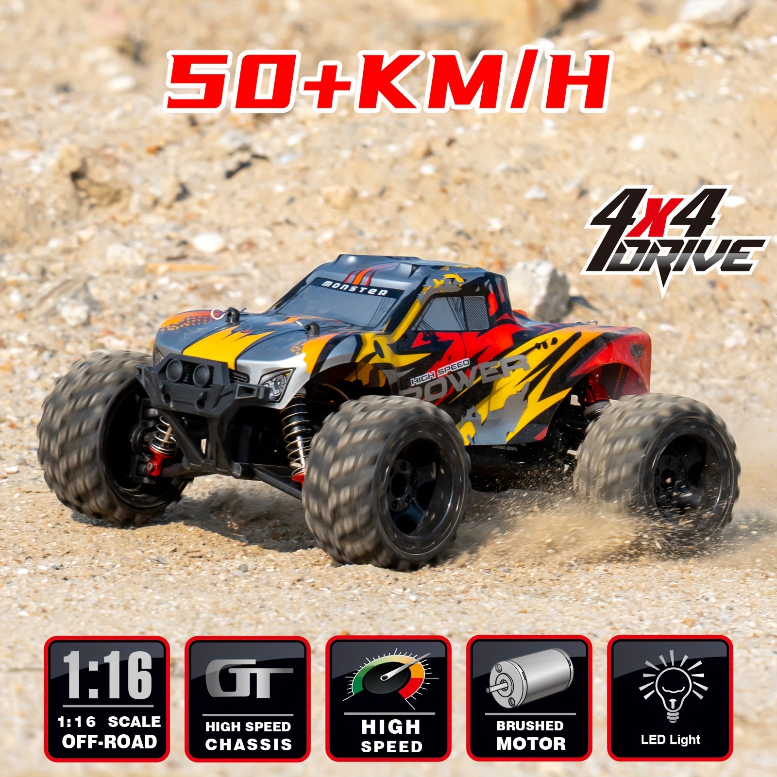 RC Cars 1:16 RC trucks 4x4 offroad waterproof,2.4 GHz Remote 40 KPH  High-Speed Jump RC Monster Truck, Off Road RC Cars, 4WD All Terrain RC  Truck with