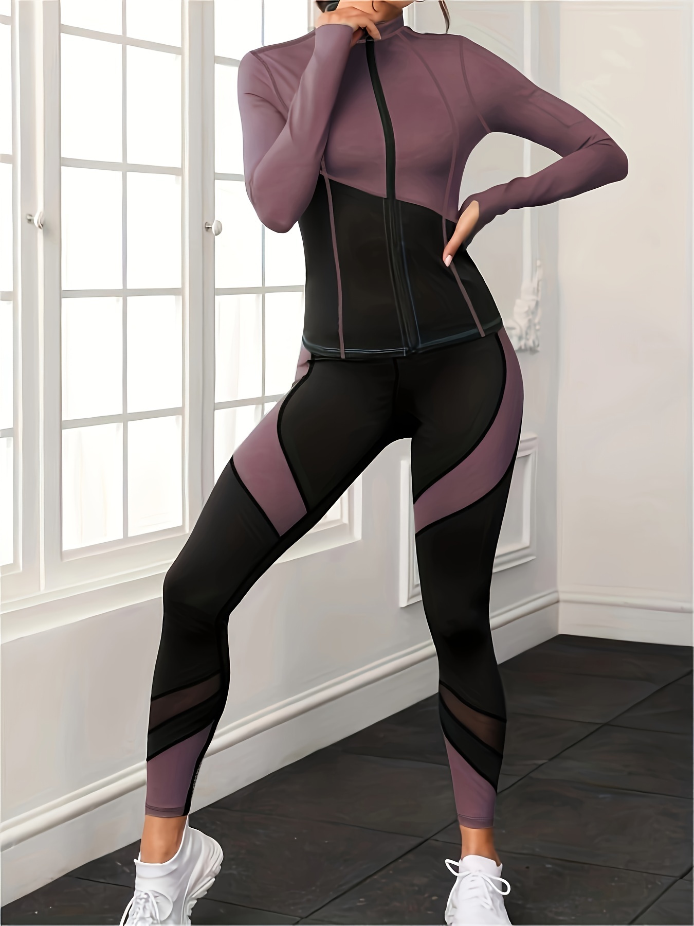 Gray Black Zippered Long Sleeve Top Pants Athletic Fitness - Temu