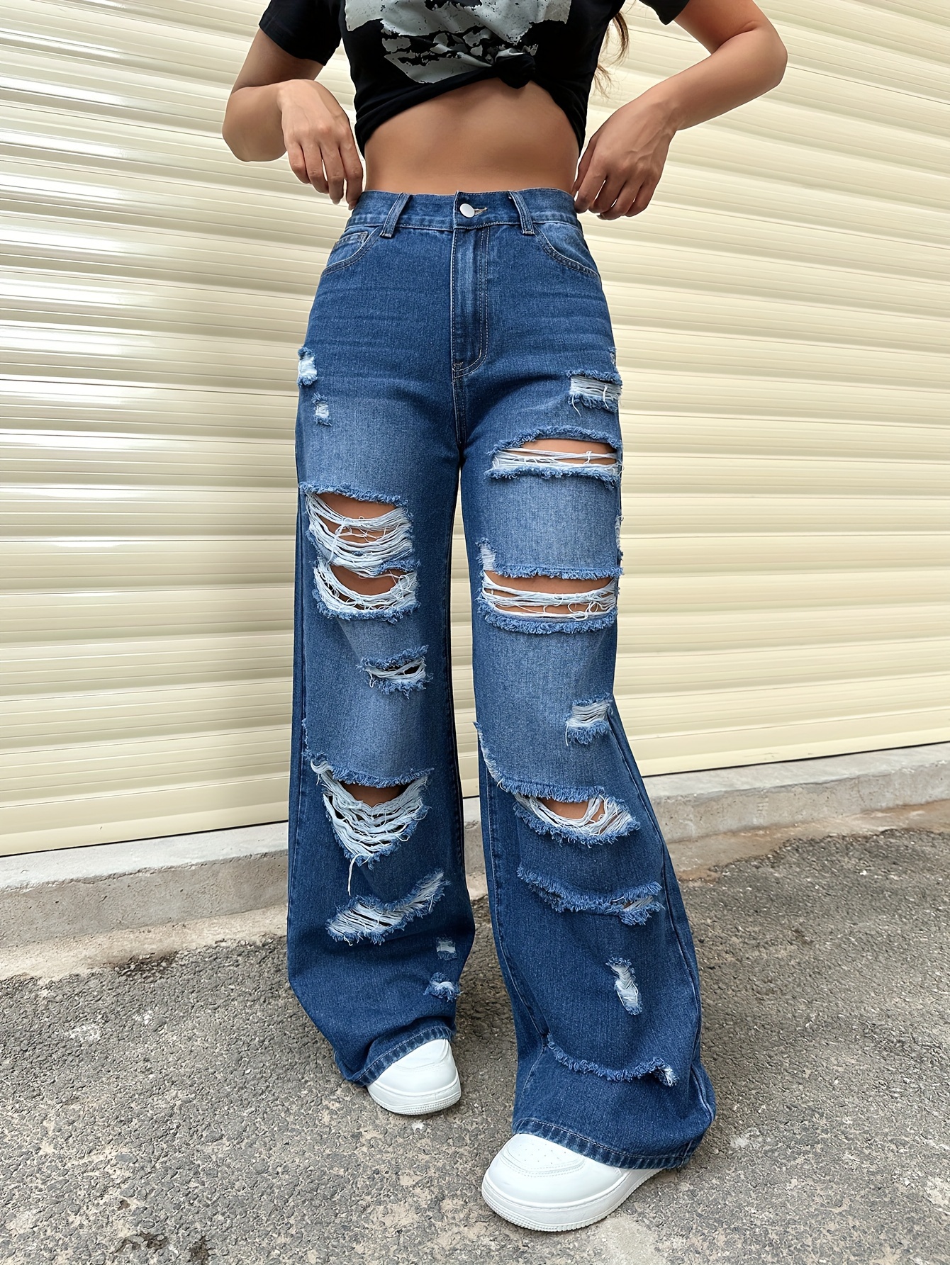 Ripped Baggy Jeans for Teen Girls High Waisted Wide Leg Hole Straight Wide  Leg Y2K Loose Fit Denim Pants, E Blue, Small : : Clothing, Shoes &  Accessories