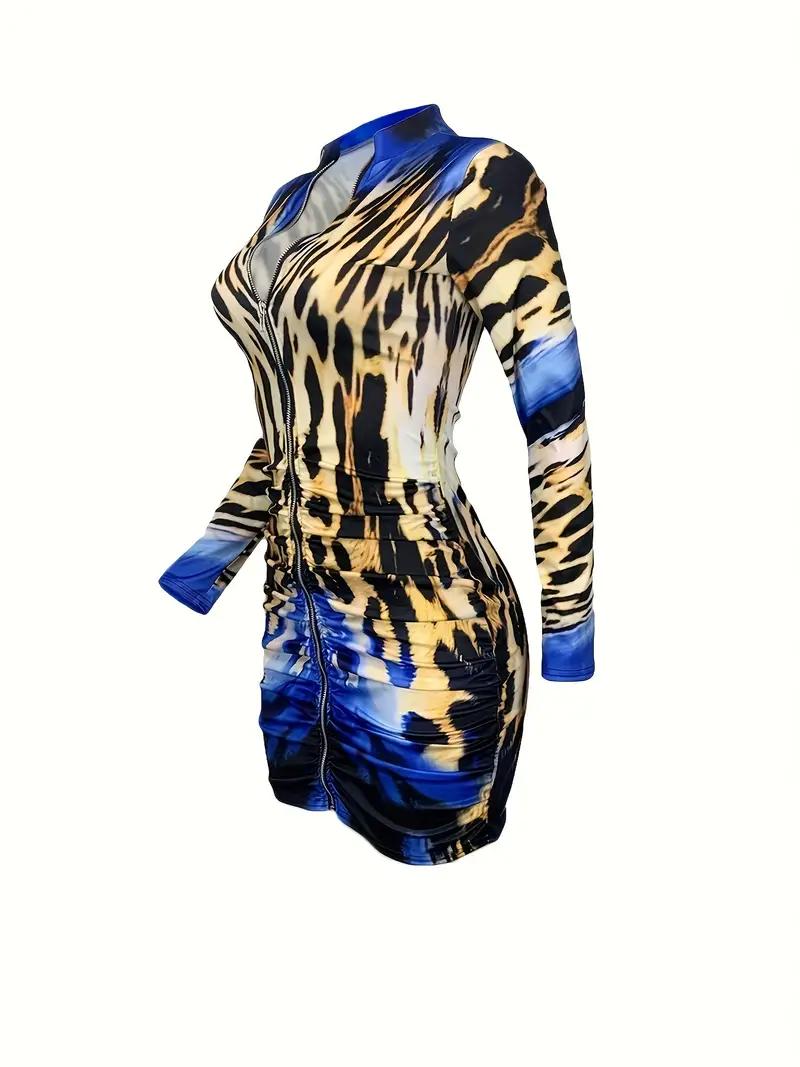 leopard print zip up dress party club wear long sleeve bodycon dress womens clothing details 8
