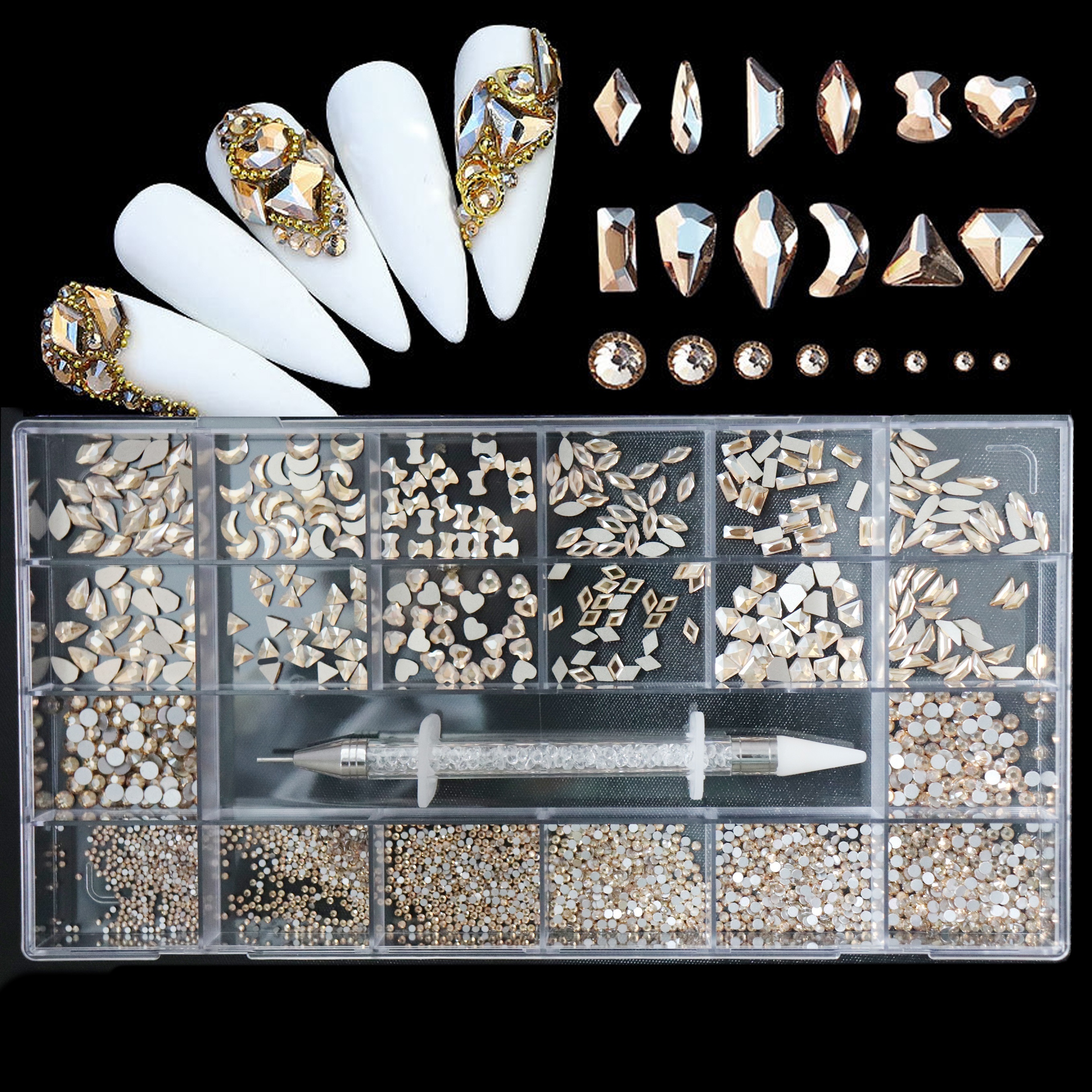 Rhinestones Decorations Nail Stones kit for Nail Art, Flat Back Gems  Crystal - rainbow gold 
