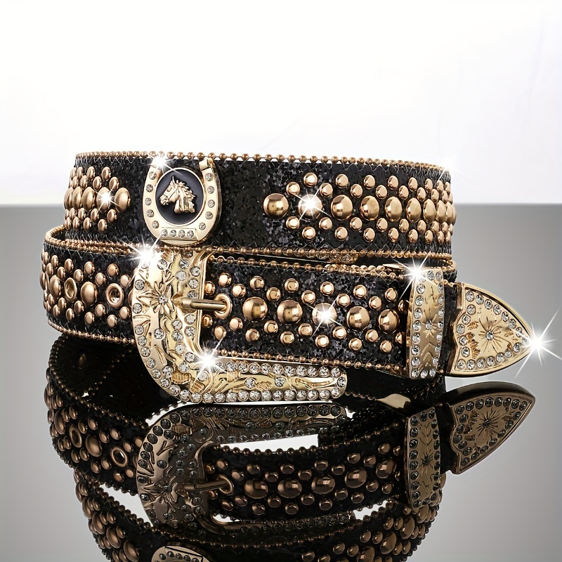 Pu Leather Rhinestone Belt Y2k Hip Hop Crocodile Grain - Temu