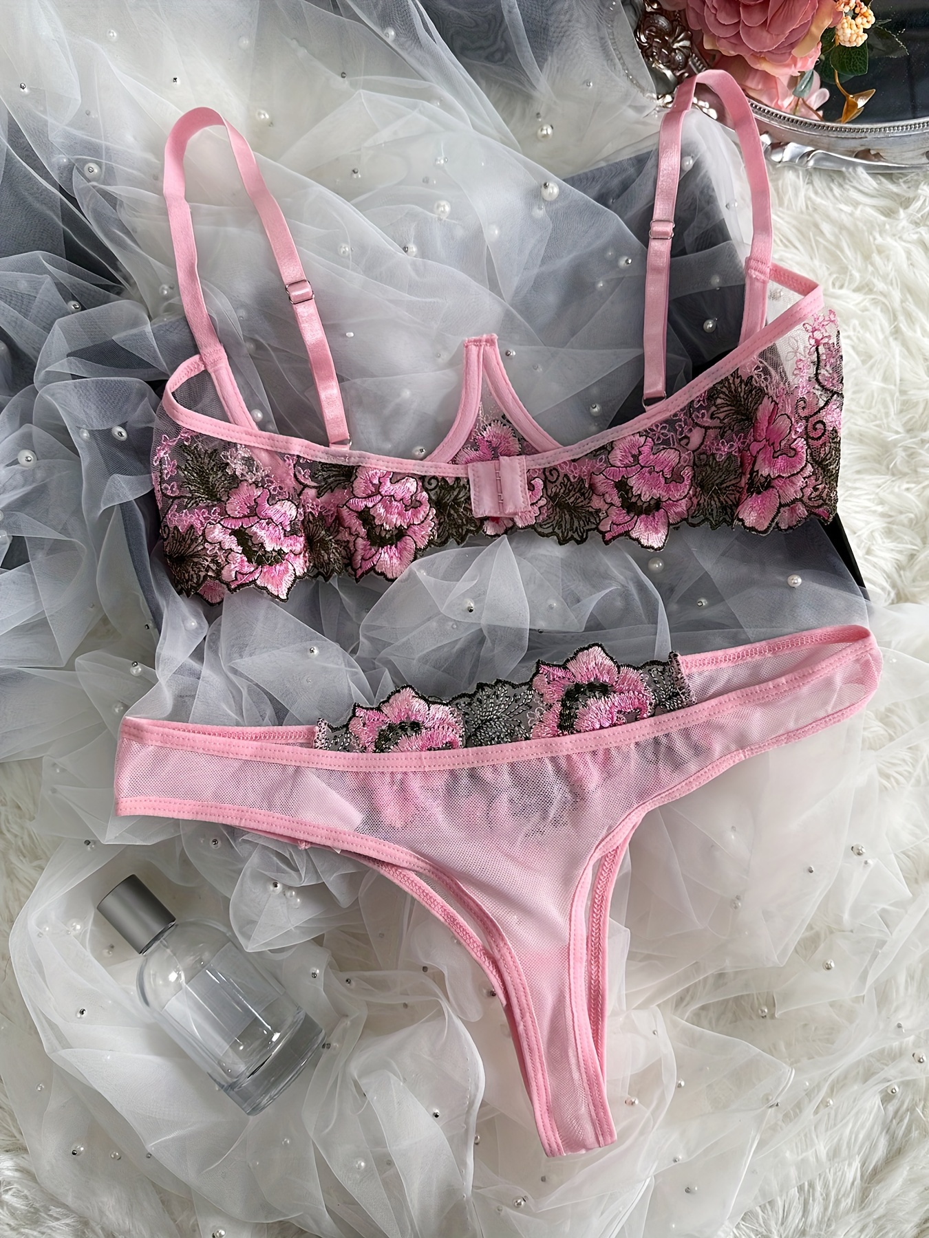 Floral Embroidery Lingerie Set Open Cup Bra Thongs Women's - Temu Canada