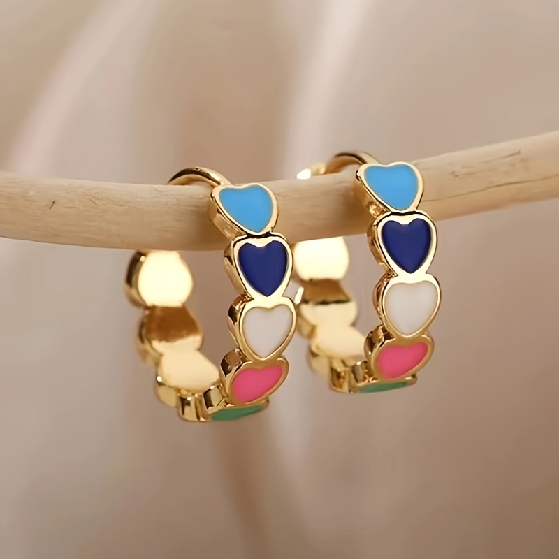 

Colorful Heart Pattern Hoop Earrings Cute Simple Style Plated Jewelry Valentine's Day Gift For Lovers