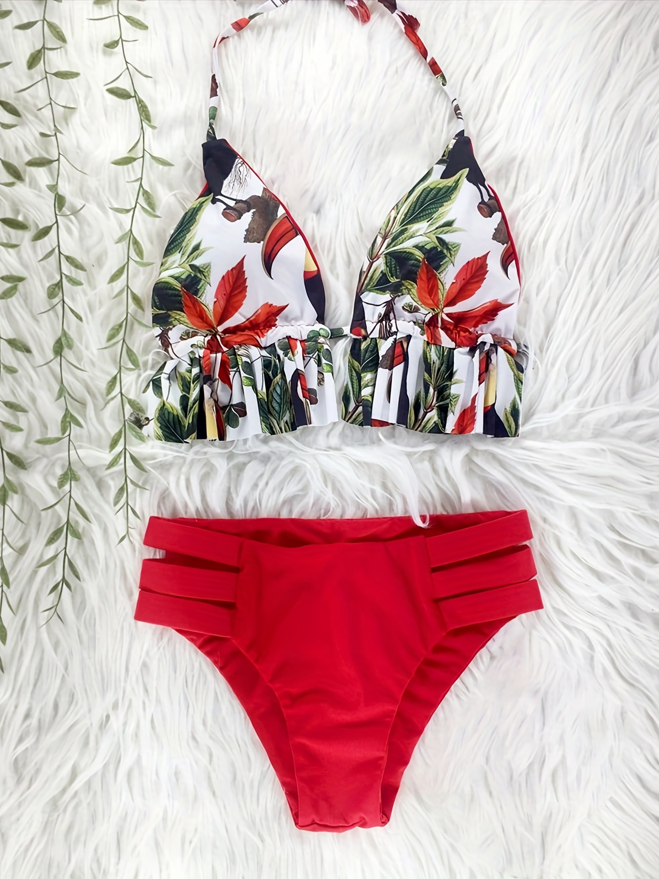 Women Halter Ruffled Bikini Set Triangle Pattern Lace Up Anime Swimsuit Two- piece Bathing Suit Beach 