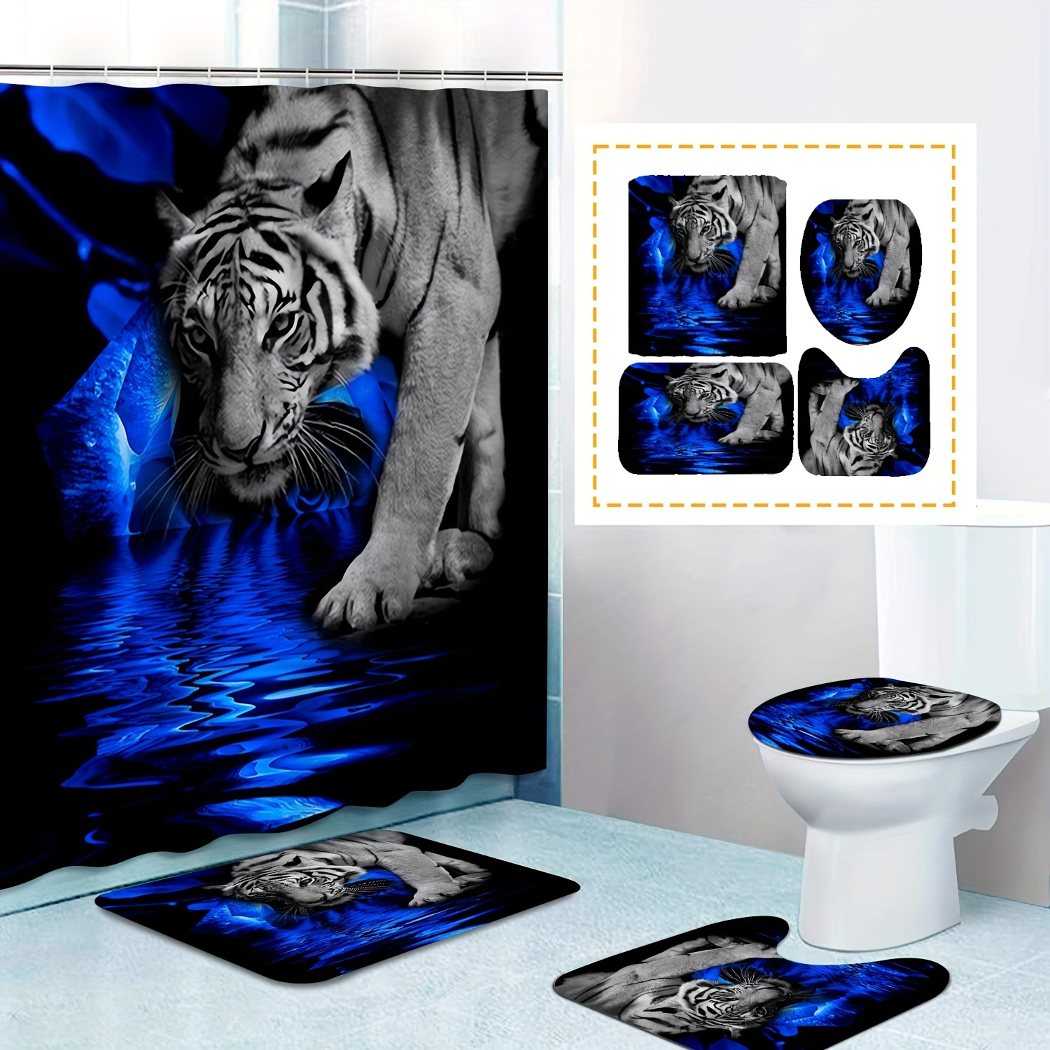 

1/3/4pcs Stylish Tigers Flower Print Shower Curtain Set With Non-slip Bath Rugs And Toilet Lid Mat - 70.9inch X 70.9inch Polyester Machine Washable Bathroom Decor Curtains For Windows